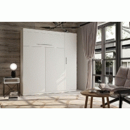 Composition armoire-lit Lutecia blanc mat - Couchage 140x190 cm avec colonne armoire et rangements intégrés_1