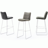 Lot de 2 chaises de bar design HALSOU - tissu cappuccino - pieds acier brossé - style rétro avec poignée intégrée_1