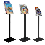 Porte-brochures et revues en plexiglass-cristal sur pied noir - 3 cases format A5 - Réf : 214712NR_1