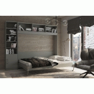 Composition armoire lit escamotable horizontale STRADA-V2 gris graphite mat avec couchage 160x200, surmeuble et colonne bibliothèque_1
