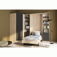 Composition lit escamotable style industriel KEY - Bi-ton chêne noir mat 90x200 cm avec angle dressing et bibliothèques_1