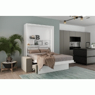 Armoire lit escamotable Palace Sofa 140x200 cm blanc mat - canapé et tête de lit taupe avec éclairage LED intégré_1
