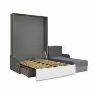 Lit escamotable Aladyno Sofa 140x200 cm - méridienne réversible tissu gris, bandeau blanc_1