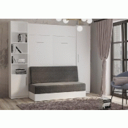 Composition lit escamotable blanc mat Dynamo Sofa - canapé intégré gris - couchage 140x200 cm avec colonne armoire et bibliothèque_1