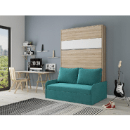 Armoire lit escamotable Bermudes Sofa - Chêne bandeau blanc - Canapé bleu - 160x200 cm avec coffre intégré_1