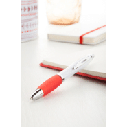 Stylo à bille en plastique - corps blanc, grip coloré et parties chromées - encre bleue_1