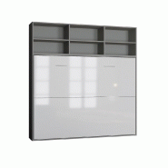 Armoire Lit Escamotable Horizontale STRADA-V2 Gris/Blanc Mat - Façade Blanc Brillant - 2 Colonnes - Couchage 140x200 cm_1