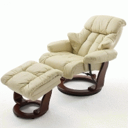 Fauteuil relax CLAIRAC - cuir crème - pied en bois noyer - avec repose-pied - inclinable à 135° et pivotant à 360°_1