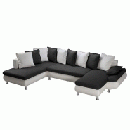 Canapé d'angle convertible panoramique Hamilton - tissu Savana noir et PU blanc avec méridienne gauche et chaise longue droite_1