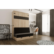 Lit escamotable style industriel KEY SOFA - 140x200 cm - Chêne naturel - Canapé 2 places avec tiroirs - Anthracite_1