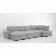 Canapé d'angle gauche convertible panoramique Marcus - tissu gris clair - méridienne avec coffre, têtières réglables et lit gigogne 265x126 cm_1