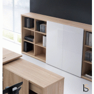 Bibliothèque avec porte coulissante Mito - MDD - Blanc brillant, Sycomore clair_0