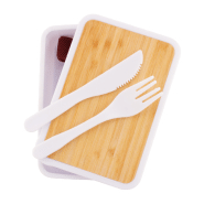 Boîte à lunch en plastique recyclé avec couvercle en bambou, set de couverts et sangle élastique - 500 ml_1