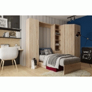 Composition angle lit escamotable Dynamo Sofa - chêne naturel, canapé rouge intégré, 90x200 cm - 301x100 cm_1