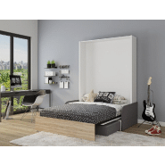Armoire lit escamotable ALADYNO SOFA - blanc bandeau chêne - canapé gris - couchage 160x200 cm_1