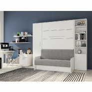 Composition lit escamotable blanc mat Sofa Automatica - canapé microfibre gris avec 2 colonnes et rangement intégré_1