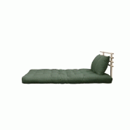 Canapé lit futon Shin Sano vert olive en pin massif - Couchage 140x200 cm avec matelas épais et 2 coussins inclus_1