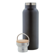 Thermos en inox à double paroi - Couvercle bambou et accroche métal - 500 ml - Couleur noire_1
