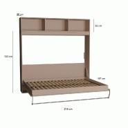 Armoire lit escamotable horizontale STRADA-V2 taupe mat - couchage 160x200 cm avec surmeuble et colonne bibliothèque_1