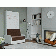 Armoire lit escamotable Dynamo Sofa - Canapé accoudoirs blanc, tissu marron - Couchage 90x200 cm_1