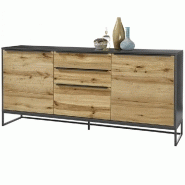 Buffet Abou - 2 portes, 3 tiroirs, plaqué chêne, structure laqué gris anthracite, piètement métal noir_1