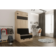 Lit escamotable style industriel KEY SOFA - Avec accoudoirs chêne, canapé avec tiroirs anthracite, couchage 90x200 cm_1