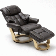 Fauteuil relax CLAIRAC - assise en cuir marron, pied en bois naturel avec repose-pied, inclinable et pivotant 360°_1