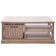 Table basse SAKOA rectangulaire - 1 panier en rotin et 2 plateaux en bois massif naturel_1