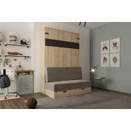 Lit escamotable style industriel KEY SOFA - chêne, bandeau noir, canapé gris 140x200 cm - avec rangements et vérins à pistons_1