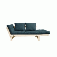 Banquette méridienne futon BEAT - pin naturel, tissu bleu pétrole - couchage 75x200 cm_1