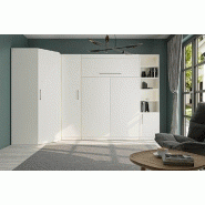 Composition armoire lit escamotable angle Lutecia blanc mat - 350 x 100 cm - Couchage 140 x 190 cm avec rangements intégrés_1