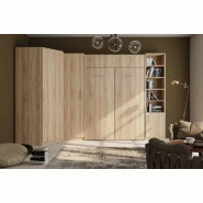 Composition lit escamotable DYNAMO chêne 140 x 200 cm - 2 colonnes rangement + angle - Sommier à lattes et ouverture assistée_1