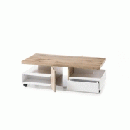 Table basse REAUX 120 x 60 cm - décor chêne et blanc laqué mat avec rangement, roulettes et niches_1