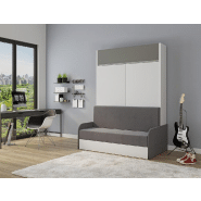 Armoire lit escamotable ALADYNO SOFA - Blanc mat, bandeau gris, canapé gris - Couchage 160x200 cm_1