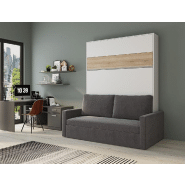 Armoire lit escamotable DJUKE SOFA - Blanc bandeau chêne - Canapé gris 160x200 cm avec coussins et coffre intégré_1