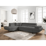 Canapé d'angle méridienne gauche coffre RINO - convertible gris graphite - pieds laqués noir - 3 têtières réglables_1