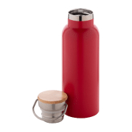 Thermos en inox à double paroi - 500 ml - Couvercle en bambou et accroche en métal - Couleur rouge_1