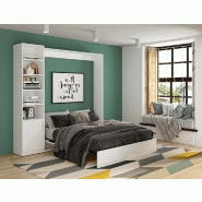 Composition armoire lit DYNAMO - Façade blanc brillant - Colonne bibliothèque blanc mat - Couchage 160x200 cm - Gain de place et design contemporain_1