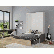 Armoire lit escamotable Aladyno Sofa - blanc bandeau chêne - canapé gris - couchage 140x200 cm_1