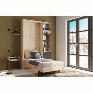 Lit escamotable industriel KEY - Bi-ton chêne et noir mat - 90x200 cm avec rangement et bibliothèque - L155xH219xP42 cm_1