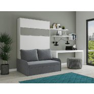 Armoire lit escamotable Bermudes Sofa blanc avec bandeau gris et canapé gris - 160x200 cm_1
