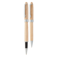 Set écriture en bois naturel - Stylo-bille et roller dans boîte cadeau - Encre bleue_1