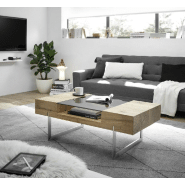 Table basse design Rewa - placage en chêne noueux huilé, plateau en verre teinté bronze et piètement en métal brossé_1