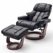 Fauteuil relax CLAIRAC XL - assise en cuir noir, pied en bois couleur noyer, avec repose-pied - inclinable à 135° et pivotant 360°_1