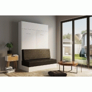 Armoire lit escamotable Dynamo Sofa - Blanc mat avec canapé en polyuréthane noir - Couchage 140x200 cm_1