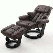 Fauteuil relax CLAIRAC - assise en cuir marron, pied en bois noir, inclinable 135° avec repose-pied_1