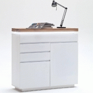 Buffet haut Romina - 2 portes, 3 tiroirs, laqué blanc mat, plateau chêne noueux huilé, avec LED intégrées_1
