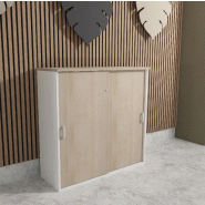 Armoire mi-haute à portes coulissantes - Mobel Linea - 100, Blanc pastel, Acacia clair_2