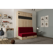 Lit escamotable style industriel KEY SOFA - Chêne, bandeau noir, canapé rouge - Couchage 140x200 cm avec tiroirs de rangement_1