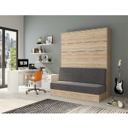 Armoire lit escamotable Genius Sofa - Chêne et canapé gris - Couchage 160x200 avec sommier à lattes_1